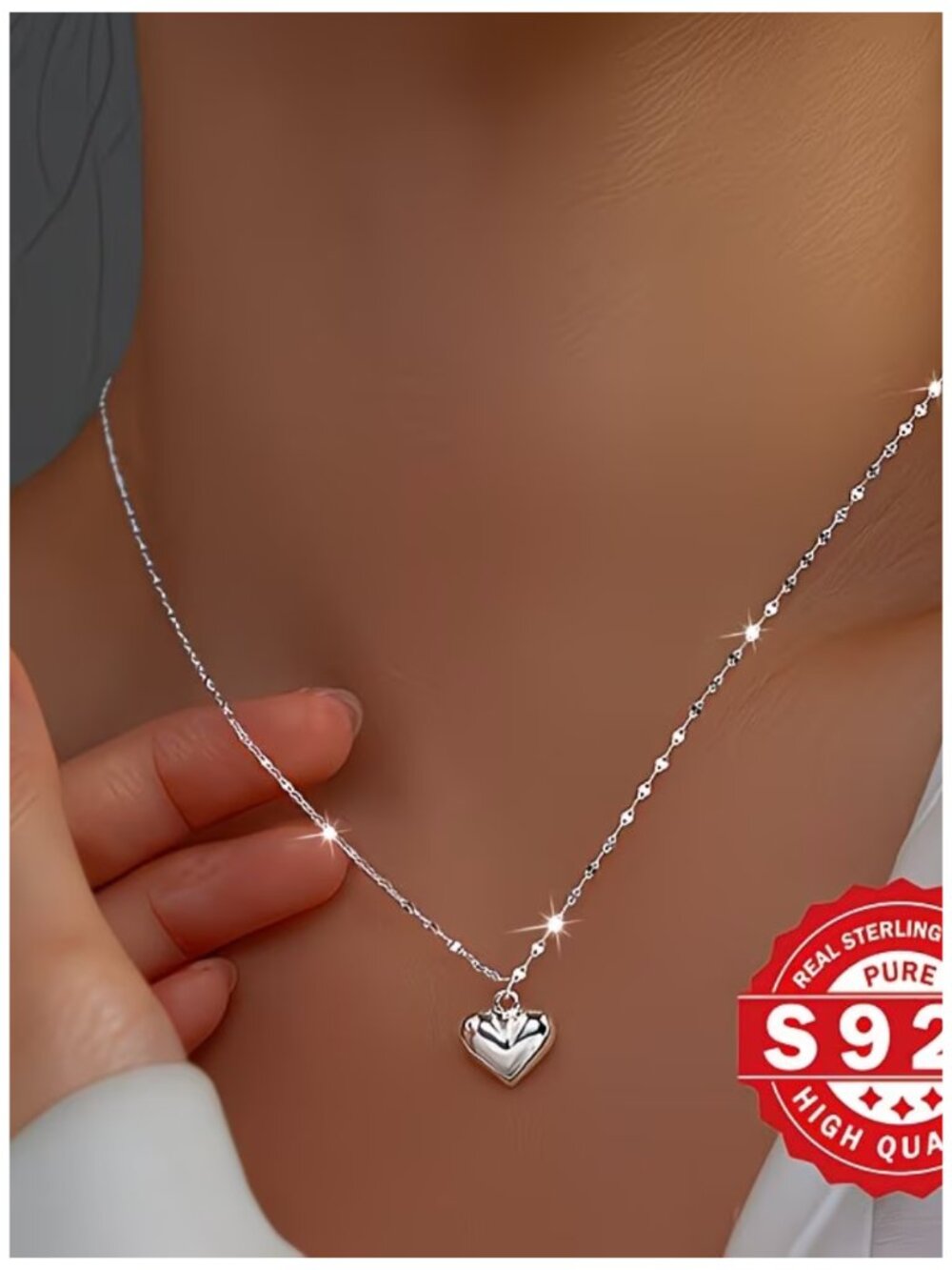 Necklace 925 Sterling Silver Puff Heart Pendant on Glistening Lip Chain Classic